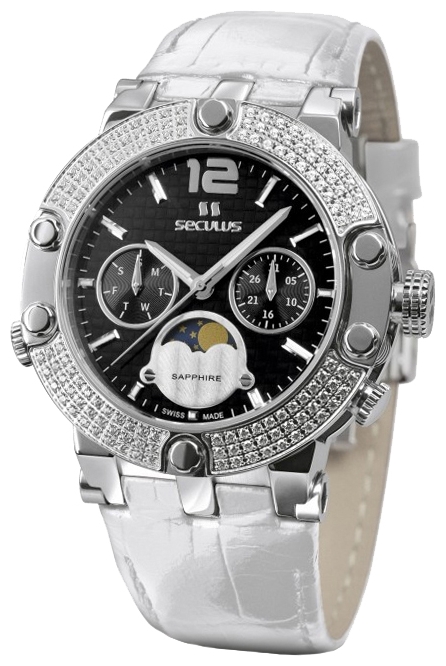 Wrist watch Seculus 1690.5.706 black, ss with stones, white leather for women - 1 photo, picture, image
